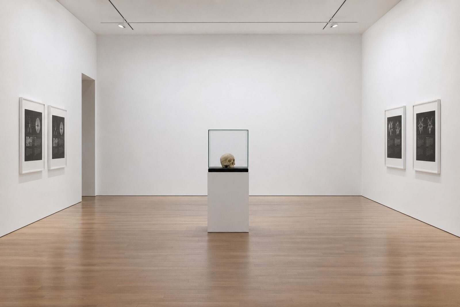 Interspecies Archaeology — the mycelium skull exhibited in a glass vitrine in a gallery