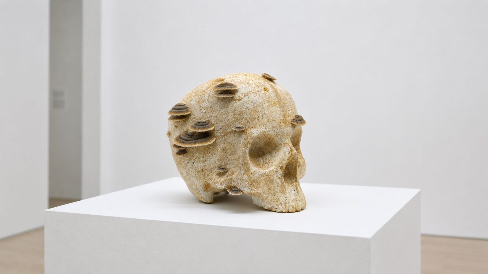 Interspecies Archaeology — mycelium skull sculpture on a pedestal